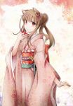  1girl animal_ears brown_hair floral_print fudo_shin highres holo japanese_clothes kimono long_hair red_eyes smile solo spice_and_wolf traditional_clothes wolf_ears 