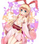  amae_koromo bandages barefoot blonde_hair blue_eyes flat_chest glasses japanese_clothes kimono leg_lift long_hair off_shoulder ribbon saki sarashi thigh_gap 