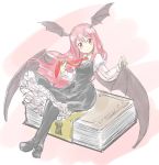  1girl black_legwear book demon_girl demon_wings head_wings juliet_sleeves koakuma long_hair long_sleeves looking_at_viewer minigirl necktie nibi pink_hair puffy_sleeves red_eyes shirt sitting_on_object skirt skirt_set smile solo touhou very_long_hair vest wings 