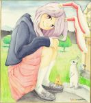  1girl animal_ears arm_rest artist_name blazer blue_sky building graphite_(medium) hands_on_knees head_tilt highres kneehighs lavender_hair long_hair long_sleeves looking_at_viewer mountain outdoors pleated_skirt rabbit rabbit_ears red_eyes reisen_udongein_inaba shikishi sitting skirt sky smile solo touhou traditional_media tree uryan! watercolor_(medium) white_legwear 