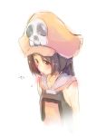  1girl blush brown_eyes brown_hair guilty_gear guilty_gear_xrd hat komugi_yurise long_hair may_(guilty_gear) pirate_hat simple_background skull skull_and_crossbones solo white_background 