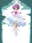  :d floating halo kitsupon open_mouth original purple_hair red_eyes short_hair smile transparent_wings tree 