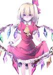  1girl adapted_costume ascot asymmetrical_hair asymmetrical_wings blonde_hair dress dress_lift eyes_visible_through_hair flandre_scarlet frilled_sleeves frills hair_ribbon looking_at_viewer puffy_short_sleeves puffy_sleeves red_dress red_eyes ribbon short_sleeves smile touhou wings wrist_cuffs 