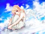  1girl angel_wings barefoot blonde_hair braid clouds dress hands_on_feet highres lips long_hair original sitting smile solo violet_eyes wings 