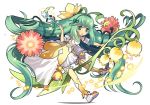  :d absurdly_long_hair ahoge alraune_(p&amp;d) blush detached_sleeves dress flower full_body green_eyes green_hair green_ribbon hair_ribbon holding lily_of_the_valley long_hair official_art open_mouth puzzle_&amp;_dragons ribbon short_sleeves simple_background smile suzuki_kaori thigh-highs very_long_hair wand white_background yellow_legwear 