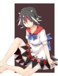  1girl akagashi_hagane barefoot black_hair bow collarbone dress horns kijin_seija multicolored_hair puffy_short_sleeves puffy_sleeves red_eyes redhead ribbon sash shirt short_hair short_sleeves sitting skirt skirt_set solo streaked_hair touhou white_hair 