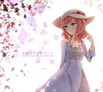  1girl arm_at_side dango_(dangowalolicon) dress hair_twirling happy_birthday hat hat_ribbon highres looking_to_the_side love_live!_school_idol_project nishikino_maki redhead ribbon solo violet_eyes 