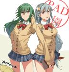  3girls :d athena_(p&amp;d) bow braid buttons frown green_eyes green_hair grey_hair long_hair long_sleeves meimei_(p&amp;d) miniskirt multiple_girls netlk open_mouth plaid plaid_skirt pleated_skirt puzzle_&amp;_dragons red_bow red_eyes school_uniform single_braid skirt smile valkyrie_(p&amp;d) very_long_hair 