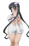  1girl arms_behind_back ass back backboob bare_back bare_shoulders black_hair blue_eyes blush breasts dress dungeon_ni_deai_wo_motomeru_no_wa_machigatteiru_darou_ka hands_clasped hestia_(danmachi) highres hime_cut large_breasts long_hair looking_at_viewer mage_(artist) no_bra rei_no_himo sleeveless sleeveless_dress smile solo thick_thighs thighs twintails 