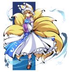  1girl ankle_socks blonde_hair detached_sleeves dress fox_tail frilled_skirt frills hands_in_sleeves hat hat_with_ears light_particles light_smile looking_at_viewer ms06s multiple_tails red_eyes short_hair skirt solo tabard tail tassel touhou two-tone_background yakumo_ran 