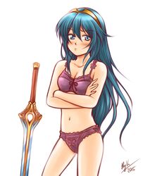  1girl 2015 blue_eyes blue_hair blush bra cowboy_shot crossed_arms fire_emblem fire_emblem:_kakusei long_hair lucina navel panties pink_bra pink_panties serious solo swimsuit sword tacoyaki tiara underwear underwear_only weapon 