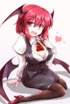  1girl ascot black_legwear breasts brooch cleavage demon_girl demon_wings fangs fumitsuki_(minaduki_6) head_wings heart high_heels jewelry juliet_sleeves koakuma large_breasts long_sleeves looking_at_viewer open_mouth pantyhose puffy_sleeves red_eyes redhead shirt short_hair sitting skirt skirt_set smile solo touhou vest wariza wings 