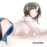  1girl bangs black_hair breast_press breasts kantai_collection kojima_takuro large_breasts light_smile looking_back lying miniskirt on_stomach parted_bangs red_eyes short_hair side_slit simple_background skirt takao_(kantai_collection) thigh-highs white_blouse 