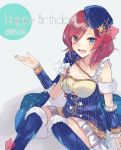  1girl blue_eyes breasts cape cleavage dated detached_sleeves dress happy_birthday hat jewelry kneehighs love_live!_school_idol_project nishikino_maki open_mouth redhead short_hair sitting solo star_print ultone_(neisiss) 