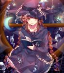 1girl anchor anchor_symbol blue_dress book bow braid brown_eyes brown_hair bubble dress hat hat_bow long_hair oounabara_to_wadanohara sailor_dress smile solo sues twin_braids wadanohara witch_hat 