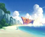  1girl beach blonde_hair clouds long_hair original sand scenery shipwreck sitting sky solo technoheart water 