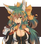  1girl animal_ears breasts brown_hair chocolate cleavage eating gradient_hair green_eyes kuromiya kuromiya_raika long_hair multicolored_hair one_eye_closed original solo 