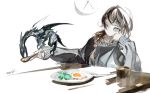  1girl bowl cloak dragon food fork fried_egg grey_eyes original plate ponytail spoon table tokiya 