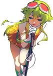  1girl bare_shoulders dress gloves goggles goggles_on_head green_eyes green_hair gumi highres long_hair microphone microphone_stand pine_(yellowpine112) smile solo vocaloid white_background white_gloves 