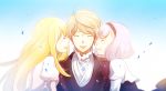  1boy 2girls aki_(neyuki41028) aldnoah.zero asseylum_vers_allusia blonde_hair grey_hair lemrina_vers_envers multiple_girls purple_hair slaine_troyard smile tears 