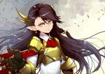  1girl armor black_hair earrings gauntlets headwear highres jewelry light_smile long_hair looking_at_viewer pixiv_fantasia pixiv_fantasia_t pointy_ears realmbw smile solo yellow_eyes 