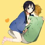  1boy 1girl black_hair blue_eyes blush breasts cleavage hug kiss kitashirakawa_tamako light_brown_hair looking_at_viewer messy_hair momose_(oqo) naked_robe neck_kiss ooji_mochizou open_mouth orange_background pants shirt short_hair socks striped striped_legwear tamako_market 