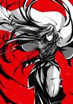  1boy braid izumi-no-kami_kanesada japanese_clothes katana long_hair male_focus monochrome red_background ringo_ame smile sword touken_ranbu weapon 