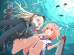  2girls beize_(garbage) blonde_hair blue_eyes finger_to_mouth garrison_cap gloves hair_ornament hat highres i-58_(kantai_collection) kantai_collection long_hair multiple_girls pink_hair short_hair swimsuit torpedo u-511_(kantai_collection) underwater uniform 