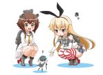  3girls binoculars black_eyes blonde_hair brown_eyes brown_hair cape chestnut_mouth elbow_gloves feeding gloves hair_ribbon headgear kantai_collection machinery microskirt minigirl monster multiple_girls open_mouth rensouhou-chan ribbon samara shimakaze_(kantai_collection) shinkaisei-kan skirt squatting staff star star-shaped_pupils striped striped_legwear symbol-shaped_pupils tentacles thigh-highs turret white_hair wo-class_aircraft_carrier yukikaze_(kantai_collection) 