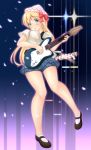  1girl :o alternate_costume bare_legs blonde_hair blush bobby_socks bouncing_breasts breasts cleavage gradient gradient_background green_eyes guitar_hero hair_ribbon hat highres lily_white long_hair looking_at_viewer mary_janes no_wings petals ribbon shoes shorts socks solo standing_on_one_leg touhou utahane_w 
