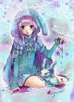  1girl artist_request blue_clothes food fruit highres hooded_cloak original puddle purple_hair rabbit sparkle star 