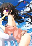  1girl absurdres bikini black_hair blue_sky braid highres hisagi_(puchimaple) horizon long_hair o-ring_bikini ocean original popsicle sky swimsuit tagme violet_eyes 