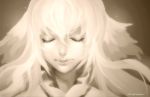  1girl artist_name close-up closed_eyes collar expressionless face fairy_tail hair_between_eyes head_wings long_hair mavis_vermilion monochrome parted_lips rousteinire solo 