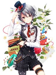  1girl animal bullet cat cat_food feathers flower grey_hair gun hat hat_tip leaf maro_(nikeneko523) necktie original paw_print red_ribbon ribbon short_hair smile solo top_hat weapon yellow_eyes 