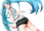  1girl aqua_eyes aqua_hair ass belt blush bottle butt_crack from_behind hatsune_miku highres long_hair looking_back midriff necktie short_shorts shorts simple_background smile solo sukesan twintails very_long_hair vocaloid white_background 