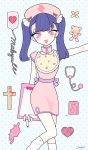  1girl :d bandaid bangs blood blood_splatter character_name clipboard cross earrings hat heart heart-shaped_pupils highres intravenous_drip jewelry looking_at_viewer loose_socks makyuuu_(mmdy) middle_finger nurse_cap open_mouth original pill polka_dot polka_dot_background purple_hair red_eyes signature smile socks solo stethoscope stuffed_animal stuffed_toy symbol-shaped_pupils teddy_bear tight_dress twintails veins 