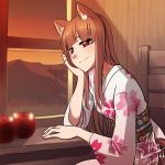  1girl animal_ears apple artist_name brown_hair floral_print food fruit holo japanese_clothes kimono long_hair magentablack mountain red_eyes sky smile solo spice_and_wolf traditional_clothes window wolf_ears 