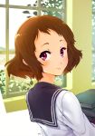  1girl blush book book_stack brown_hair from_behind holding holding_book hyouka ibara_mayaka looking_at_viewer looking_back orz_(orz57) school_uniform serafuku short_hair smile solo violet_eyes 