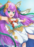  1girl :d aqua_eyes bangle blurry bracelet depth_of_field dress fang hair_ornament highres jewelry lakshmi_(p&amp;d) long_hair open_mouth purple_hair puzzle_&amp;_dragons smile solo twintails uumaru1869 very_long_hair 
