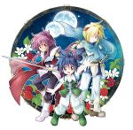  1girl 2boys androgynous armor black_hair black_pants blonde_hair boots burupara cape character_request circle flower food fruit full_body full_moon grin hair_over_one_eye headband height_difference jendo leaf moon multiple_boys multiple_moons night night_sky out_of_frame pants purple_hair raspberry sky smile sword toki_no_daichi weapon white_pants 