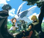  cape character_request clouds dragon fairy friends headband highres holding inukichi/inupu jendo low_ponytail nature outdoors shade sky toki_no_daichi tree under_tree 