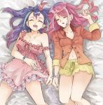  2girls atlantic_salmon bed blue_hair bracelet collarbone frills hair_down highres hiiragi_yuzu jewelry long_hair lying midriff multicolored_hair multiple_girls navel nightgown off_shoulder pink_hair saliva serena_(yuu-gi-ou_arc-v) sleeping sleepwear two-tone_hair yuu-gi-ou yuu-gi-ou_arc-v 