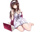  1girl arm_support artist_request barefoot blush breasts brown_eyes brown_hair cleavage computer dress hairband hand_on_own_chest highres kasumigaoka_utaha laptop large_breasts long_hair parted_lips saenai_heroine_no_sodatekata simple_background sitting solo white_background yokozuwari 