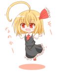  1girl ahoge black_dress blonde_hair bow chibi commentary_request dress fang hair_between_eyes hair_bow open_mouth red_bow red_eyes rumia short_hair short_sleeves simple_background solo touhou white_background yamato_tachibana 