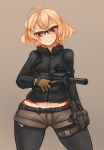  1girl ahoge akuma_no_riddle arceonn black_legwear blonde_hair brown_gloves bullpup commentary contrapposto cowboy_shot flak_jacket glasses gloves gun hashiri_nio head_tilt jacket magazine_(weapon) midriff navel over-rim_glasses p90 pantyhose red_eyes semi-rimless_glasses shooting_glasses short_hair short_shorts shorts solo standing submachine_gun suppressor tattoo trigger_discipline weapon wide_hips 