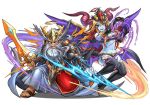  1boy 1girl :d beard black_legwear blue_skin breasts cleavage demon_girl demon_horns demon_wings facial_hair facial_mark fang hera_(p&amp;d) high_heels horns husband_and_wife long_hair official_art open_mouth orange_hair puzzle_&amp;_dragons red_eyes smile sword thigh-highs tiara weapon wings youichi zeus_(p&amp;d) 