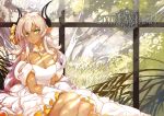  1girl bare_shoulders breasts cleavage detached_collar dress gloves green_eyes hair_ribbon highres horns long_hair looking_at_viewer pixiv_fantasia pixiv_fantasia_t pointy_ears realmbw ribbon sitting solo tree white_dress white_gloves 