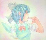  1girl acrylic_paint_(medium) blue_eyes blue_hair cirno facing_away finger_to_mouth fingernails gradient gradient_background graphite_(medium) hair_ribbon highres open_mouth puffy_short_sleeves puffy_sleeves ribbon short_hair short_sleeves side_glance solo tongue touhou traditional_media vest watercolor_(medium) wings yuyu_(00365676) 