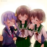  brown_hair closed_eyes hair_ornament holding_hand kantai_collection kisaragi_(kantai_collection) long_hair minami_(apricot_tea) mutsuki_(kantai_collection) purple_hair school_uniform serafuku short_hair smile yayoi_(kantai_collection) 