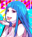  1girl :d blue_hair collar curryuku drooling heart long_hair looking_at_viewer me!me!me! meme_(me!me!me!) open_mouth pale_skin saliva smile tongue tongue_out violet_eyes 